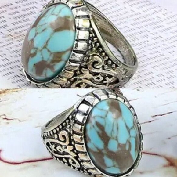 Ring Fashion Retro Silver Color Bohemia Ring Natural Stone Punk Jewelry Size 10 - Picture 1 of 3